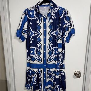 Blue and White Button-Front Floral Shirt Dress